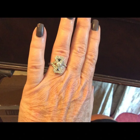 Vintage Art Deco Euro Diamond & Sapphire Ring sz 8 - Picture 4 of 10